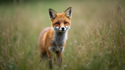 Fototapeta premium A Curious Fox Stands Amidst Tall Wild Grass, Looking Directly at the Camera With an Expression of Calm and Alertness