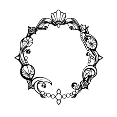 Detailed, ornate frame of leaves and floral elements with a scalloped top and a shell like design at the top.