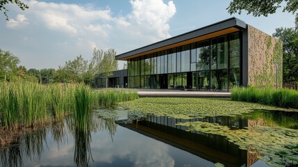Fototapeta premium A modern house with large glass windows is covered in lush green plants, blending seamlessly with the surrounding nature. The design emphasizes sustainability and harmony with the environment.