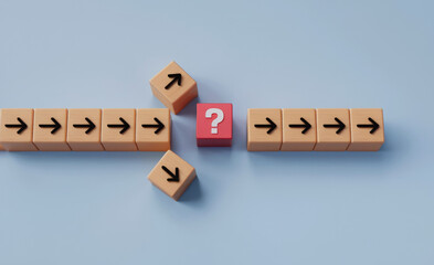 Question mark print screen on red wooden block cross in the middle of arrow for interrupt of process concept. 
