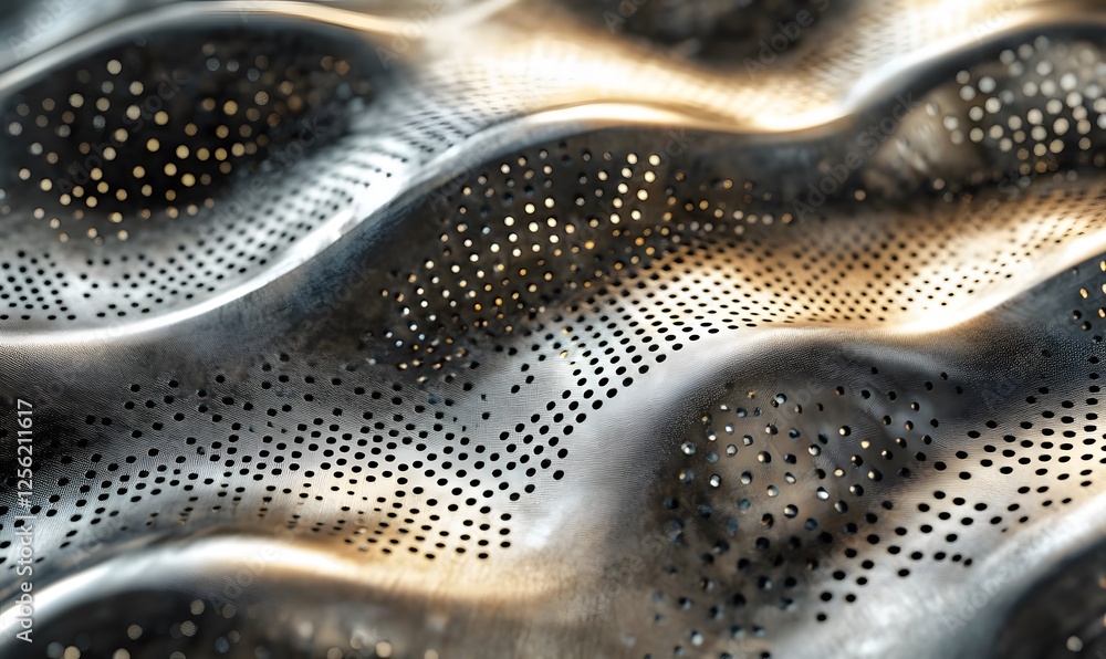 Poster abstract metallic surface with wave patterns and perforated details 3d rendering