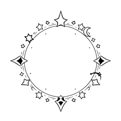 Celestial Frame: An intricate circle of Stars, Moons, and diamonds.