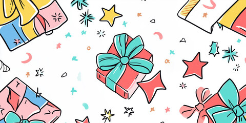 Fototapeta premium Flat-lay doodle style illustration of a gift-wrapping setup with colorful wrapping paper, ribbons, and doodle-style stars and bows.