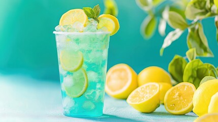 Refreshing Blue Lemonade with Ice and Lemons on a Summer Day