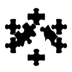 Fototapeta premium Scattered black puzzle pieces over white background, emphasizing a complex design.