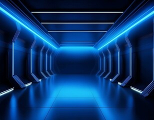 Obraz premium 3d rendering of blue light corridor hallway spaceship dark background. Scene for advertising, showroom, technology, future, modern, sport, game, metaverse. Sci Fi Illustration. Product display