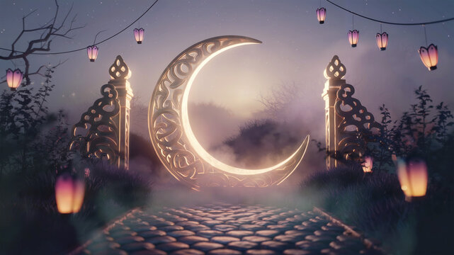crescent moon between ornamental doors with lanterns  