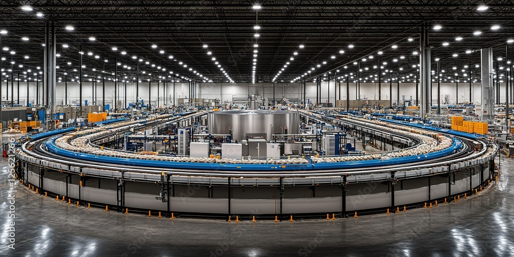 Poster automated warehouse with conveyor system operating at night time efficiency