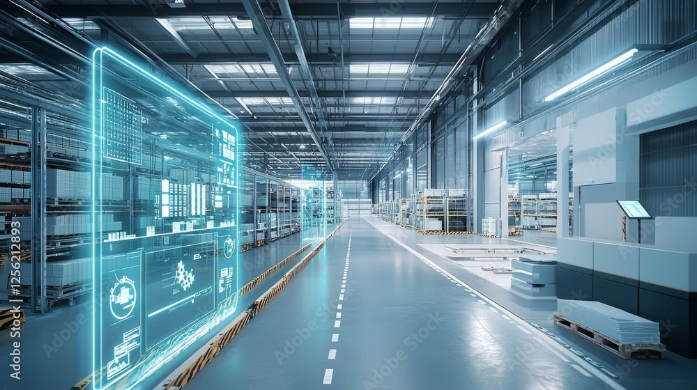 Poster modern warehouse with digital interfaces and high-tech inventory system