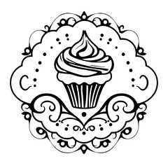 Elegant cupcake illustration inside an ornate, decorative border and a minimalist and modern design, black and white.
