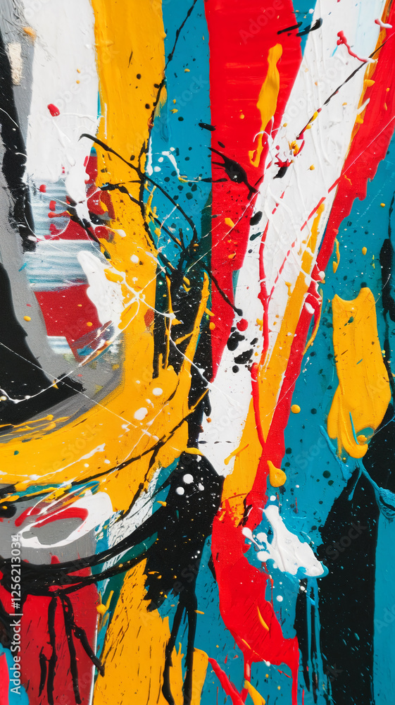 Poster a vertical abstract artwork with expressive brushstrokes in bold colors of red, yellow, turquoise, a