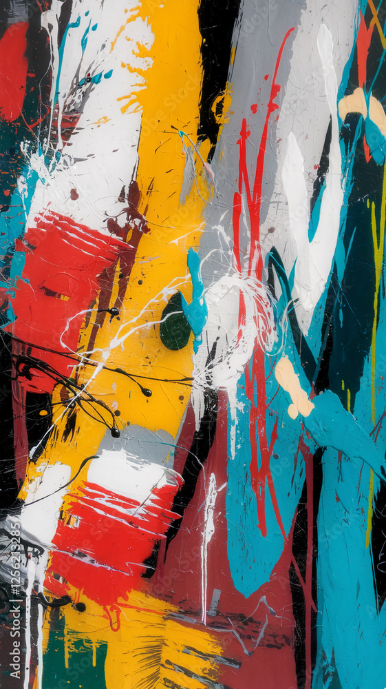 Poster A vertical abstract art piece featuring vibrant and expressive brushstrokes in red, yellow, turquoise, and white, creating a dynamic composition with energy and motion.