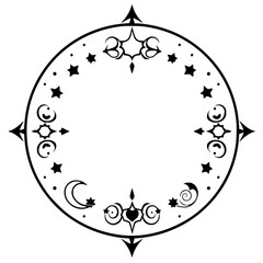 Celestial Circle: An ornate, black and white circular frame with decorative stars, moons, and embellishments, set against a white background.