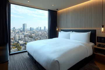 Hotel room with city view, large window, comfortable bed, modern design for relaxation