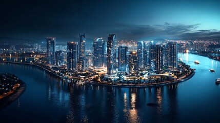 Obraz premium Nighttime Urban Landscape with Skyscrapers and River Reflection
