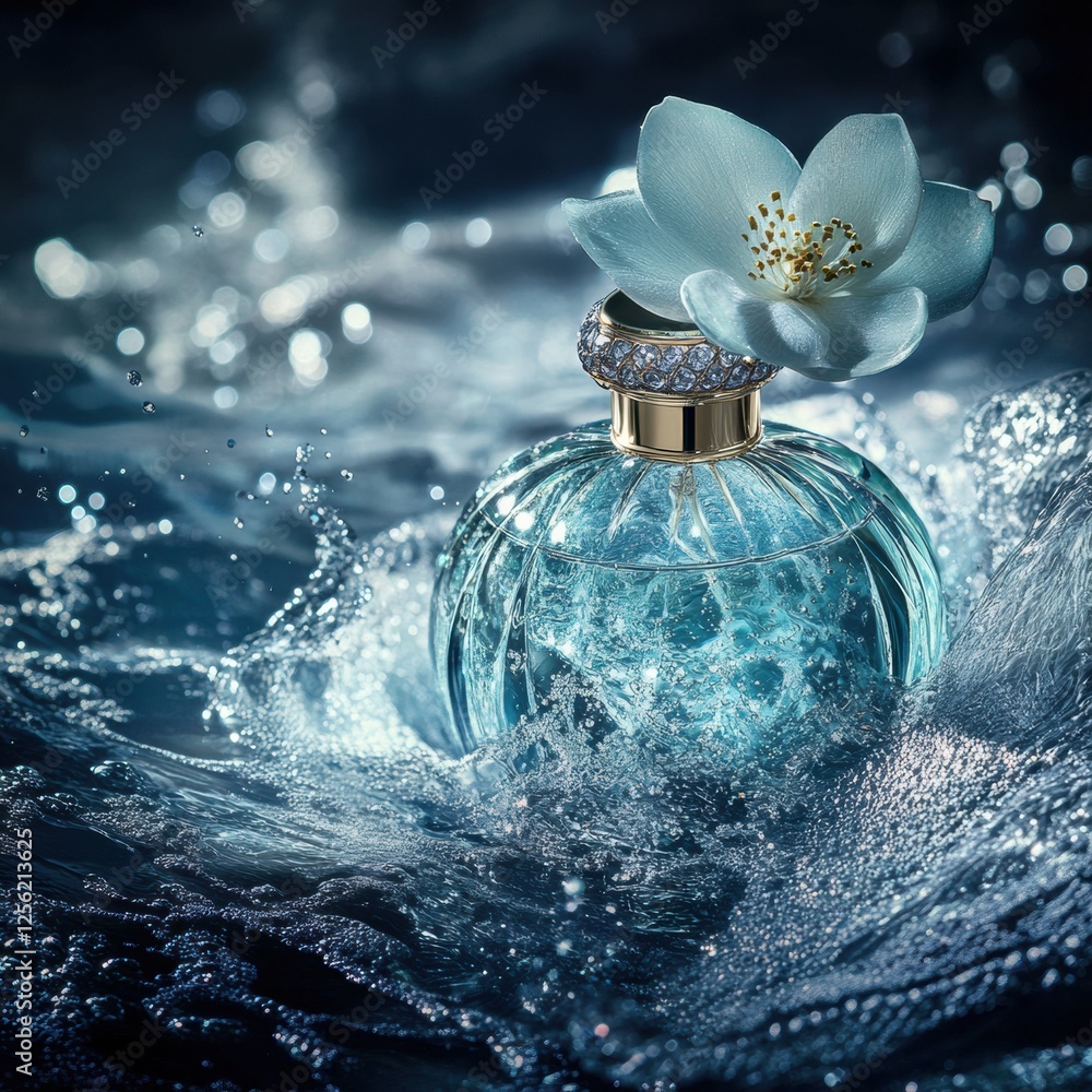 Poster beautiful blue perfume bottle with floral accent splashing in water against a dark background with d