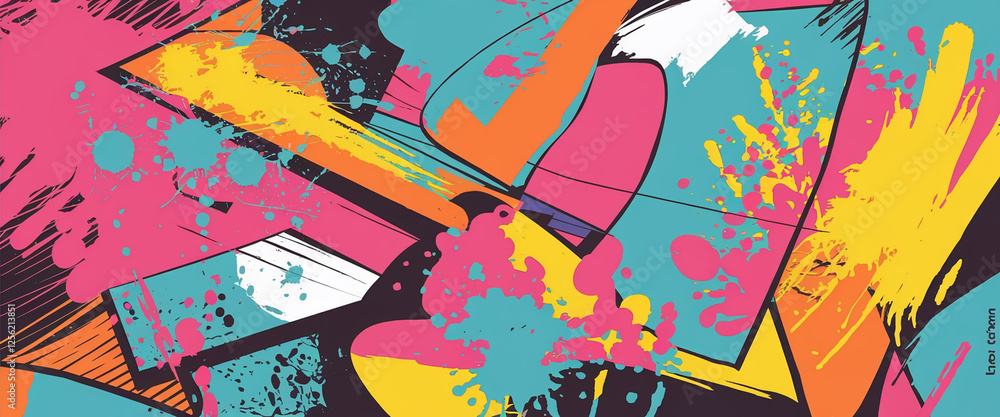 Poster a colorful abstract composition featuring vibrant splashes of pink, yellow, and turquoise with bold 