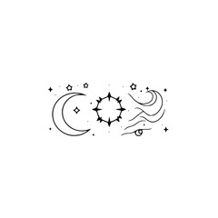 Celestial Dreamscape: A minimalist, abstract design featuring a crescent moon, a star, and an eye.