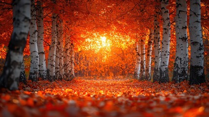 A serene autumn landscape with vibrant orange leaves and birch trees.