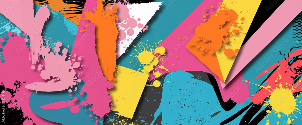 Poster A colorful abstract composition with overlapping shapes and splashes of pink, turquoise, yellow, and orange, representing dynamic energy and vibrant expression in modern art.