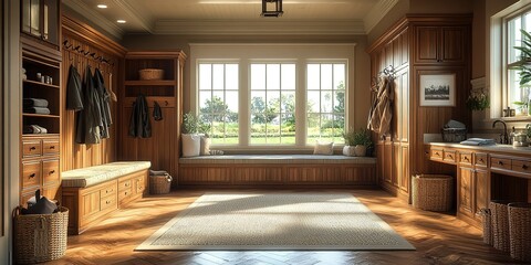 Fototapeta premium Warm and inviting mudroom with wooden cabinetry and natural light illuminating a cozy seating area
