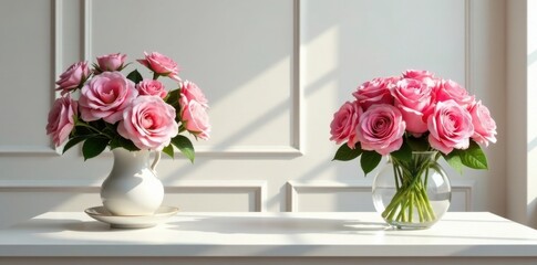 Two lovely bouquets of pink roses in elegant containers, bathed in sunlight on a pristine white surface.