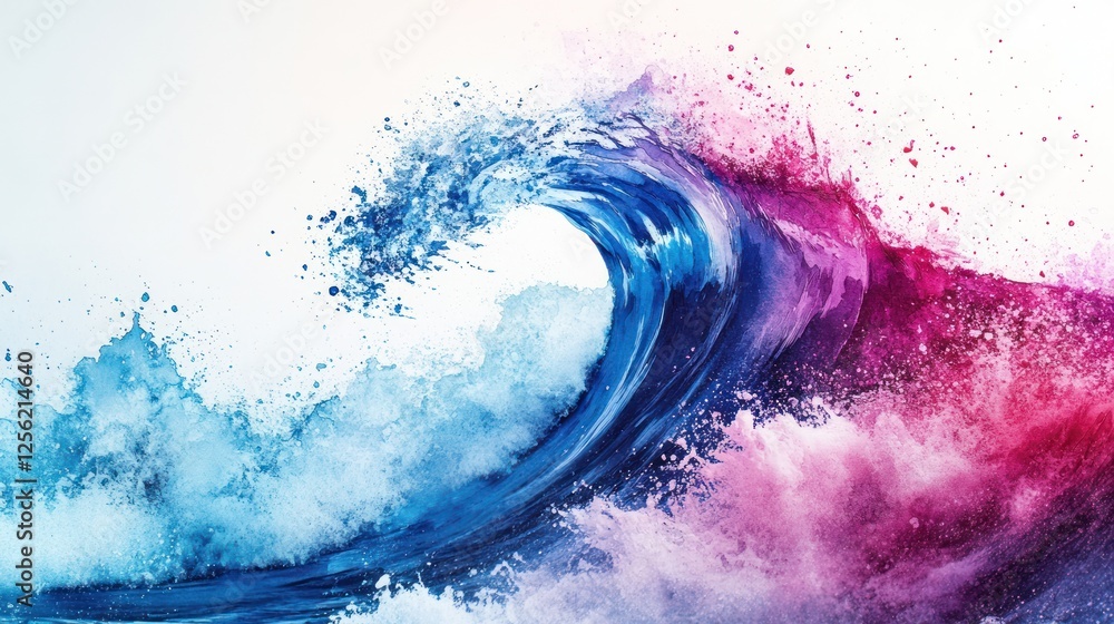 Poster vibrant ocean wave splashing with colorful splashes, set against a serene gradient background