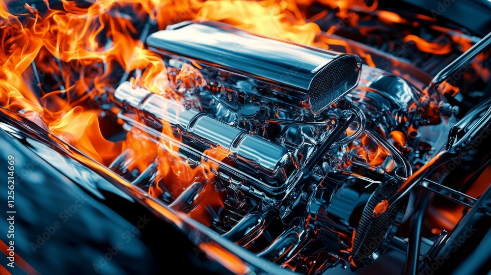 Poster vibrant close-up of chrome engine with flames and sparkle elements