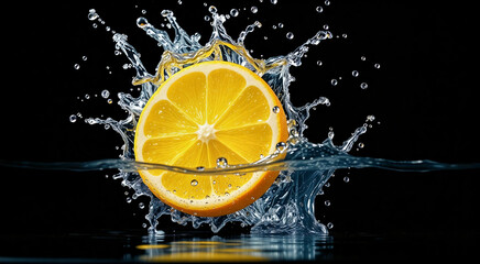 A vibrant lemon slice falling into water, creating a dynamic splash. The image captures the freshness and energy of the moment with a stunning black background.