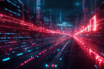 Fototapeta premium Illuminated blockchain grid technology showcase digital city digital art futuristic environment 3d perspective innovation concept