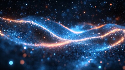 Fototapeta premium Abstract Cosmic Flow: A Luminous Wave of Particles Amidst a Sparkling Galaxy, A Celestial Dance of Blue and Gold.