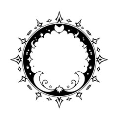 Celestial Frame: Black and white illustration of an ornamented circular design with stars, moons, and delicate motifs against a white background.