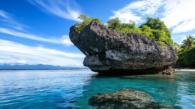 Dramatic rock formation soars above tranquil ocean waters under a clear blue sky