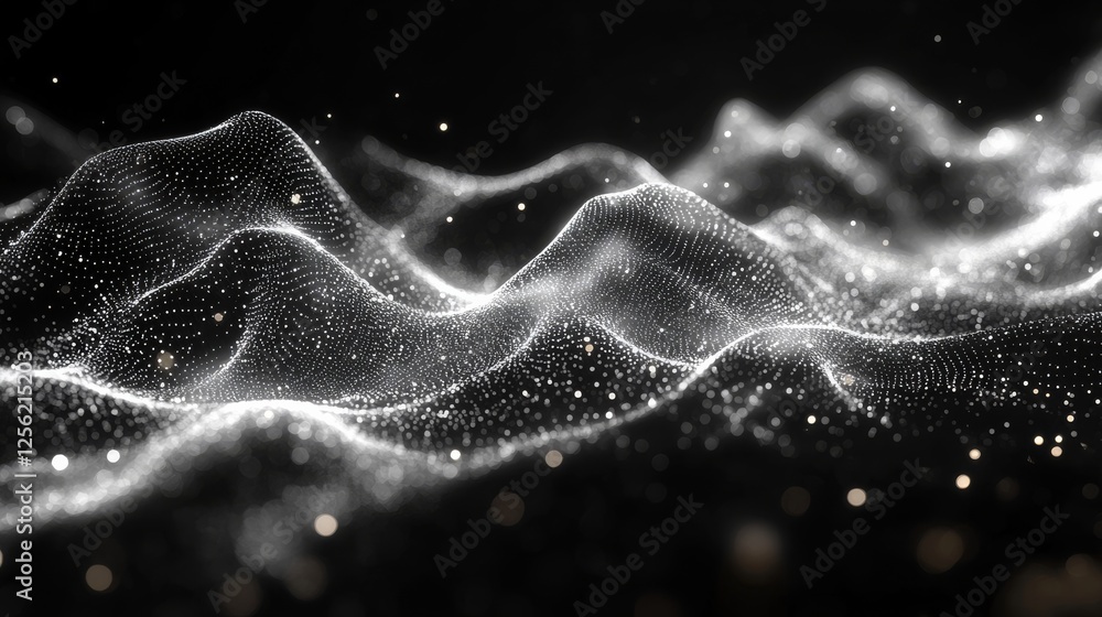 Poster Abstract White Particle Waveforms Flowing on a Dark Background, Evoking a Sense of Digital Motion and Technological Sophistication with a Soft Luminous Glow.