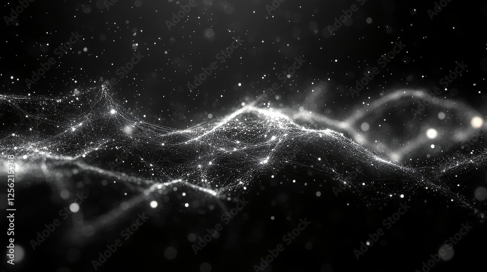 Aufkleber A Sparkling Network: Abstract White Lights and Lines on a Black Background, Creating a Futuristic, High-Tech Visual with Depth and Motion.