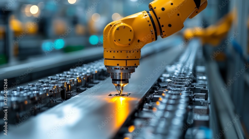Poster automated precision: a yellow robotic arm intricately cuts metal on a modern production line with ad