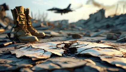 Military boots on cracked ground with fighter jet flying above in a war-torn environment during twilight