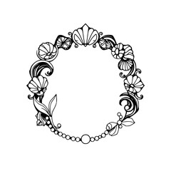 Floral Art Nouveau Wreath: A detailed outline of a shell-themed circular design.