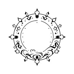 Circular Celestial Frame: Black-and-White Vector Illustration with Stars, Ribbons, and Stars.