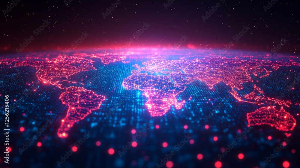 Poster digital world: a futuristic rendering of earth's continents illuminated with pink and blue, represen