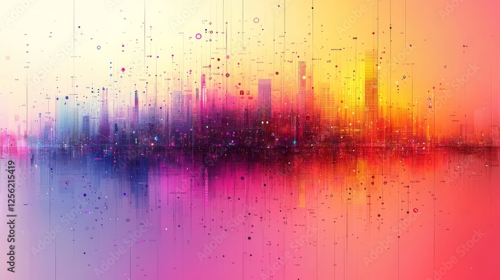 Leinwandbilder Digital Metropolis: A Vibrant Abstract Cityscape of Interconnected Data Flowing in a Colorful Spectrum from Blue to Red, Representing a Modern Tech-Driven Society