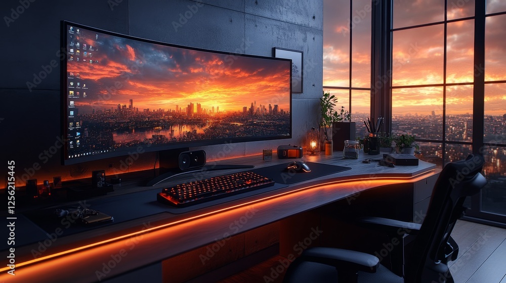 Poster Elegant Home Office Setup at Sunset with Ultra-Wide Monitor Displaying Cityscape and Warm Ambient Lighting Accentuating Modern Design