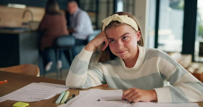 Homework, bored and child with notebook in home for learning, education and studying for test. School, thinking and young girl with burnout, stress and lazy for assignment, lesson and assessment
