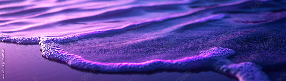 Poster waves receding on wet sand creating vibrant patterns with imagined neon purple lines