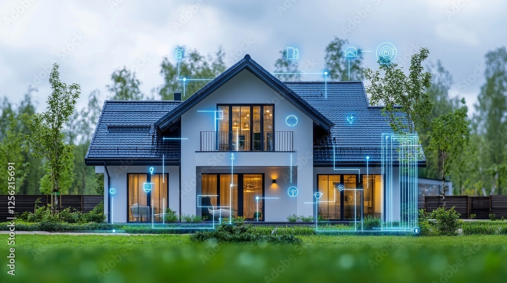 Poster smart home automation: modern house with integrated technology and digital interface for enhanced se