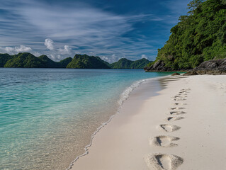 Tranquil tropical beach with footprints in soft sand leading to lush green cliffs and clear blue...