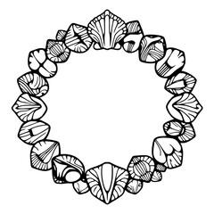 Black and white image of a circle-shaped wreath formed by various shell designs.