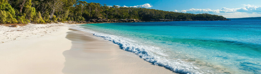 Obraz premium Stunning white sand beach with turquoise waters under a bright blue sky