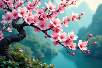 Delicate Pink Blossoms Gracefully Adorn a Twisted Branch Against a Serene Aquatic Backdrop