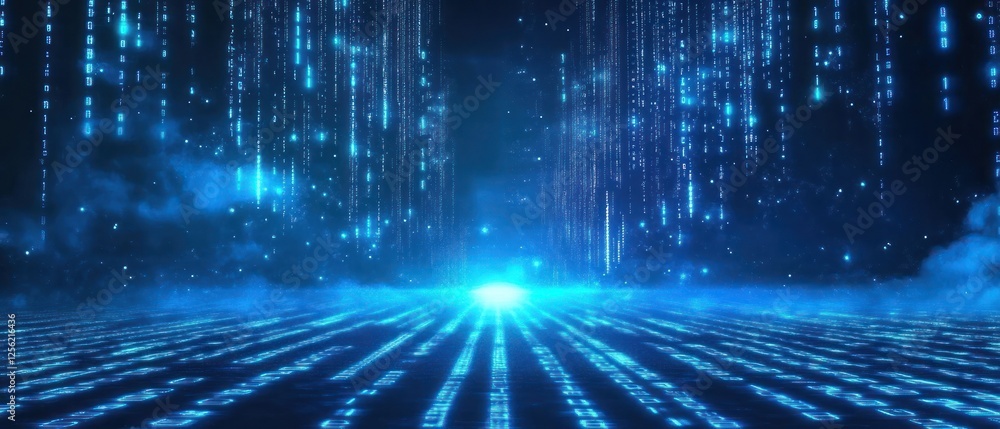 Poster a mesmerizing digital landscape featuring cascading blue light particles creating a futuristic atmos